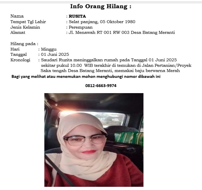 Rusita Warga Menawah Dikabarkan Hilang Dari Hari Minggu Lalu dan Belum Ditemukan