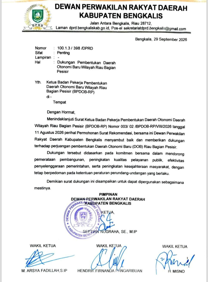 DPRD Bengkalis Keluarkan Surat Dukungan Pemekaran Riau Bagian Pesisir