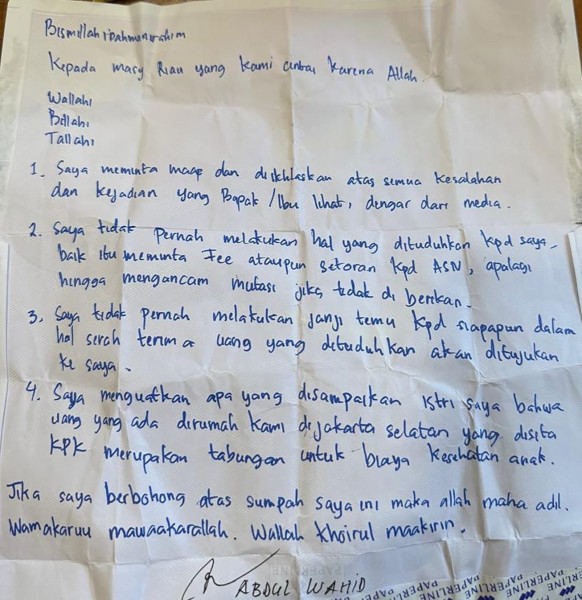 Beredar Surat Sumpah dan Bantahan Gubernur Riau Abdul Wahid Terkait Kasus Dugaan Korupsi