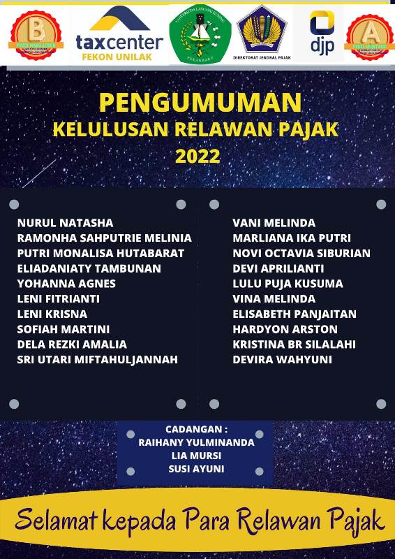 Tax Center Unilak Umumkan Kelulusan Relawan Pajak 2022