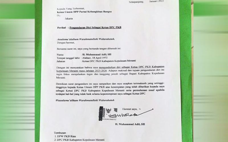 Beredar Surat Pengunduran Diri M Adil Sebagai Ketua DPC PKB Meranti
