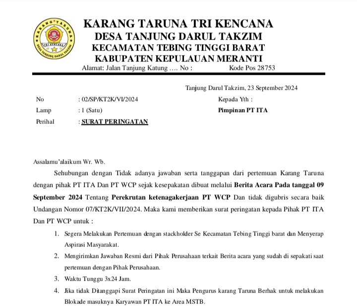 Karang Taruna Tri Kencana Tanjung Darul Takzim Memberikan Surat Peringatan Kepada PT. ITA