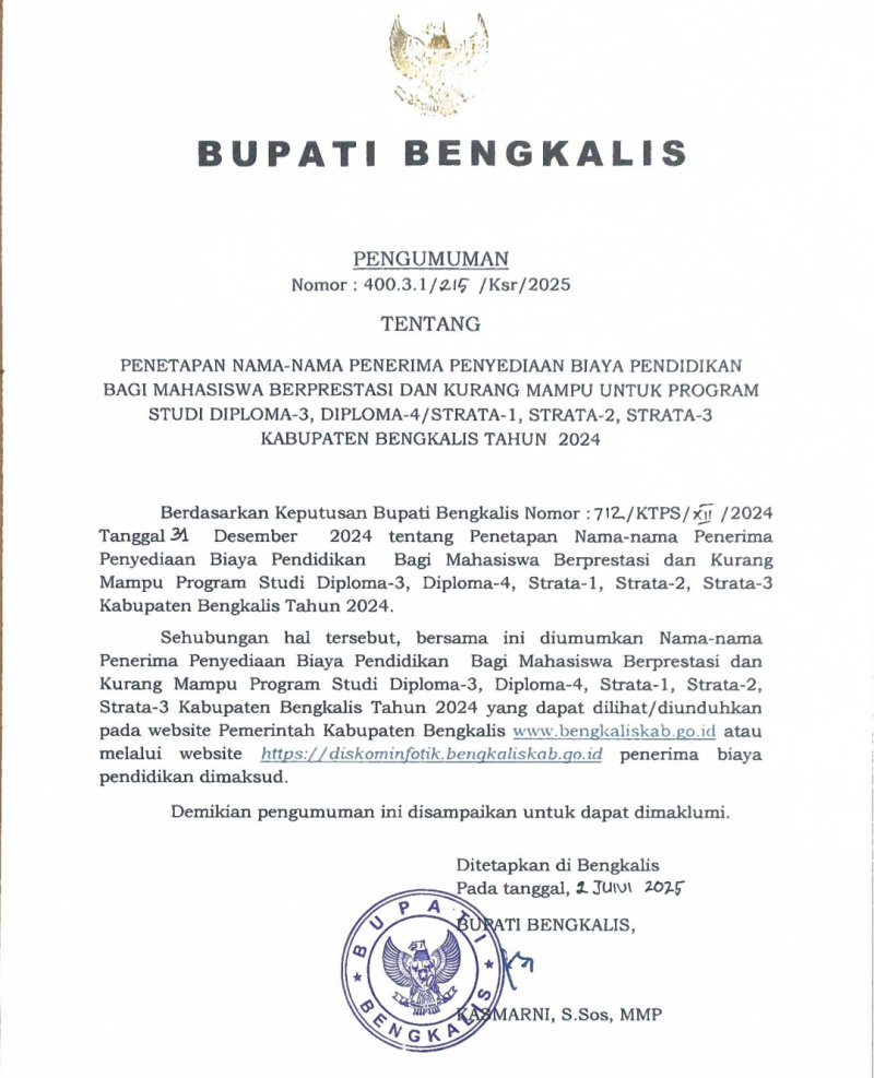Bupati Bengkalis Tepati Janji, Umumkan Penerima Biaya Pendidikan 2024 untuk Mahasiswa