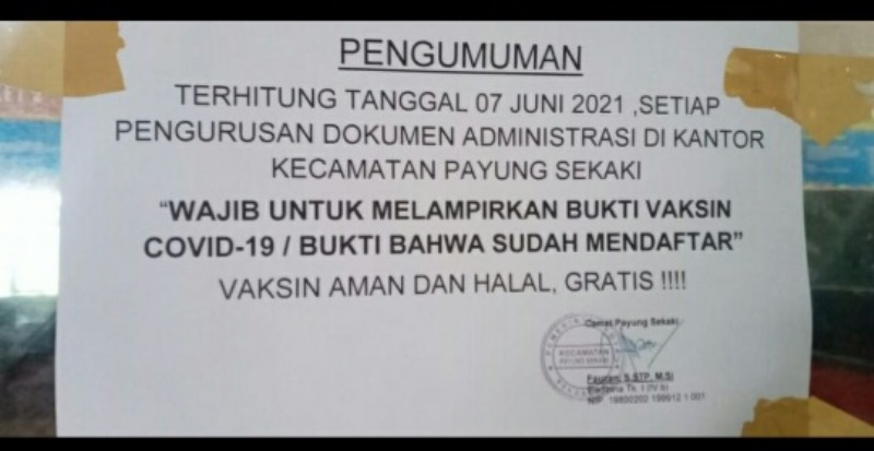 Pengurusan Adminduk Lampirkan Bukti Vaksin Covid-19, Ini Penjelasan Camat Payung Sekaki