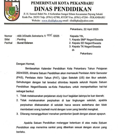 Disdik Pekanbaru Larang Perpisahan di Luar Sekolah, Dana yang Sudah Dipungut Harus Dikembalikan