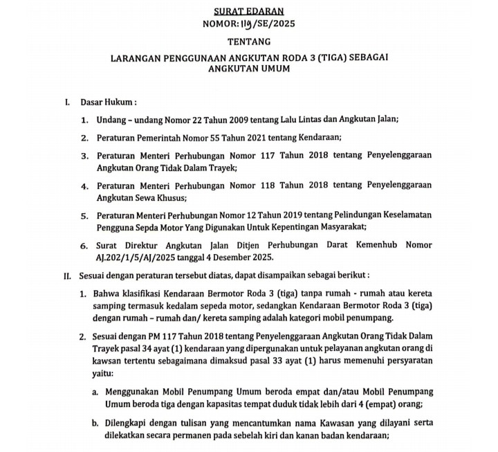 Walikota Pekanbaru Terbitkan Surat Edaran Larangan Angkutan Umum Roda Tiga