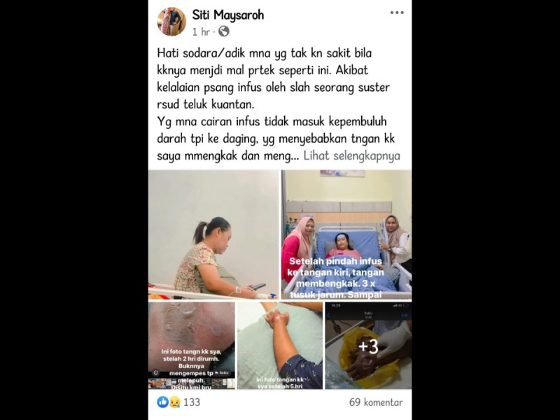 Viral! Kasus Dugaan Kelalaian Pemasangan Infus di RSUD Teluk Kuantan